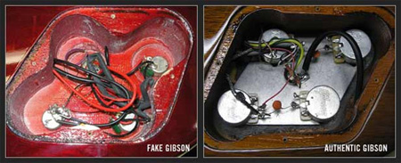 Распайка проводов поддельного (слева) и аутентичного (справа) Gibson Les Paul